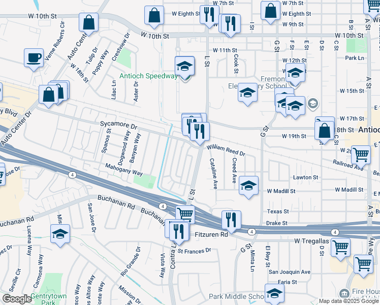map of restaurants, bars, coffee shops, grocery stores, and more near 2109 Peppertree Way in Antioch