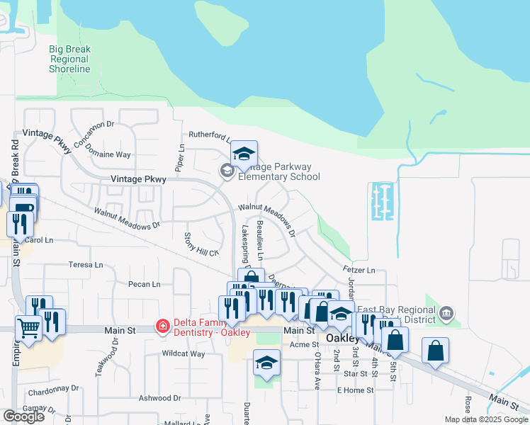map of restaurants, bars, coffee shops, grocery stores, and more near 301 Lakespring Place in Oakley