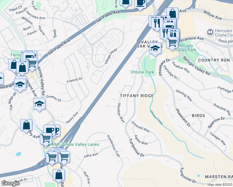 map of restaurants, bars, coffee shops, grocery stores, and more near 109 Spinel Court in Hercules
