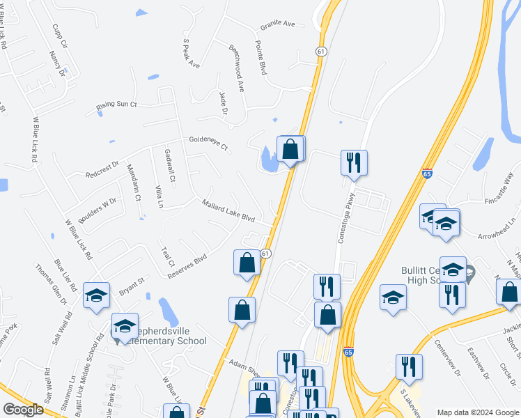 map of restaurants, bars, coffee shops, grocery stores, and more near 159 Mallard Crossing Drive in Shepherdsville