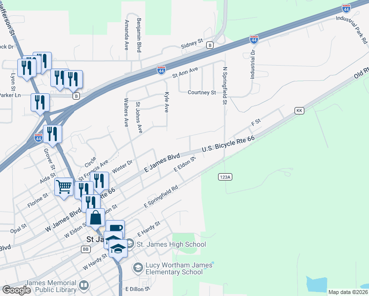 map of restaurants, bars, coffee shops, grocery stores, and more near 535 Christine Street in Saint James