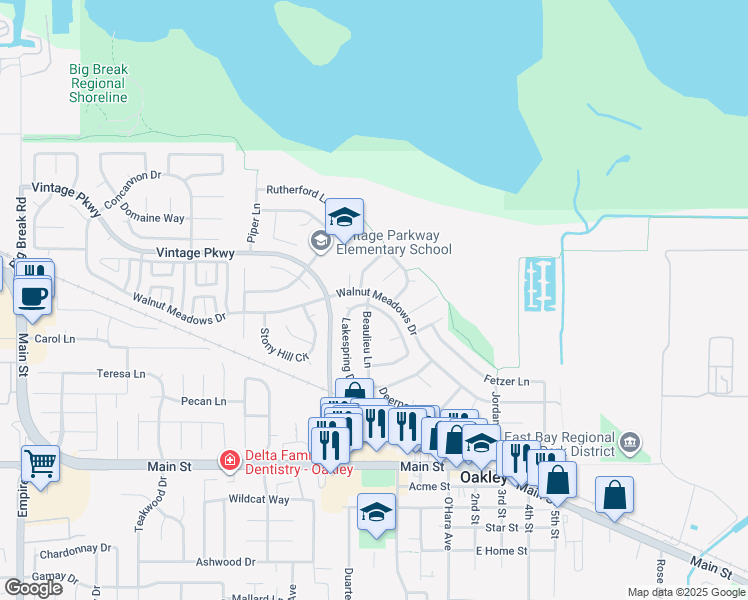 map of restaurants, bars, coffee shops, grocery stores, and more near 301 Lakespring Place in Oakley