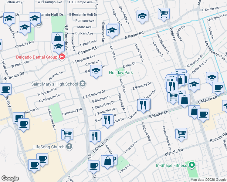 map of restaurants, bars, coffee shops, grocery stores, and more near 435 East Robinhood Drive in Stockton