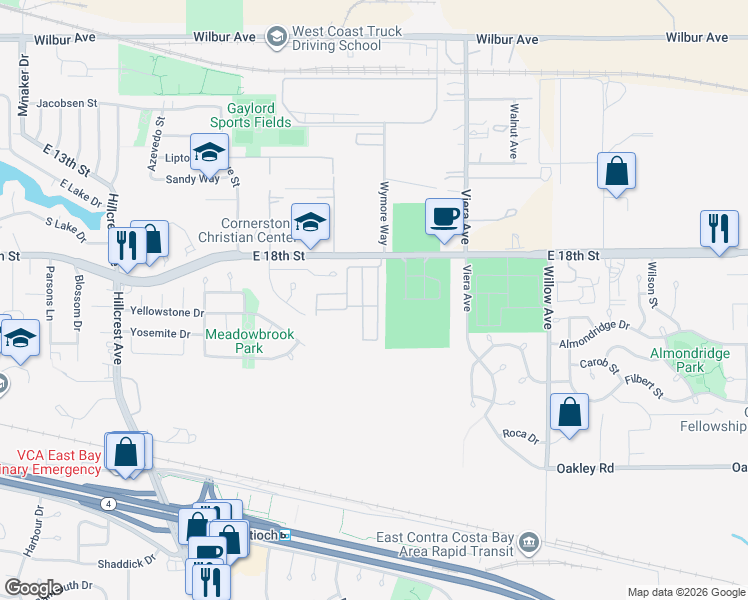 map of restaurants, bars, coffee shops, grocery stores, and more near 1815 Geneva Lane in Antioch