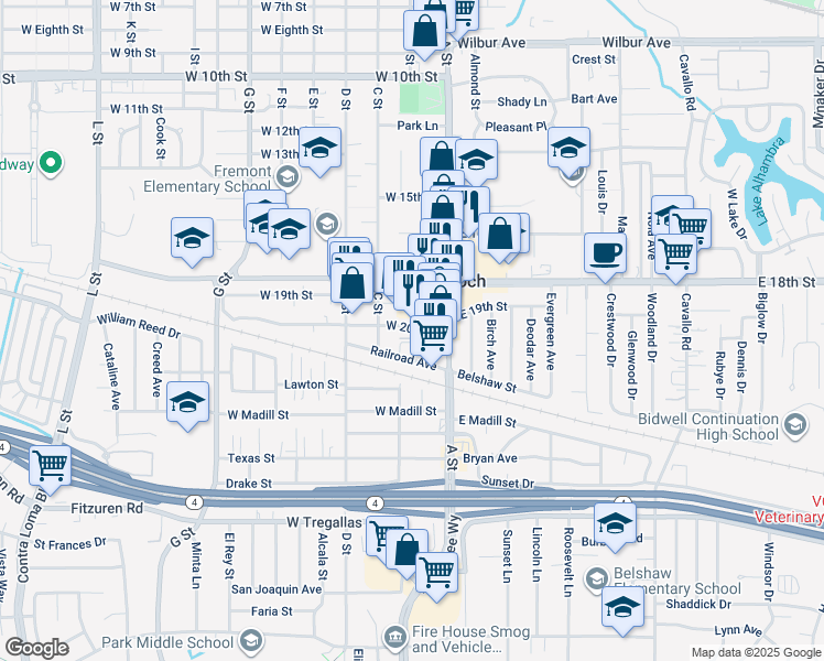 map of restaurants, bars, coffee shops, grocery stores, and more near 1840 A Street in Antioch