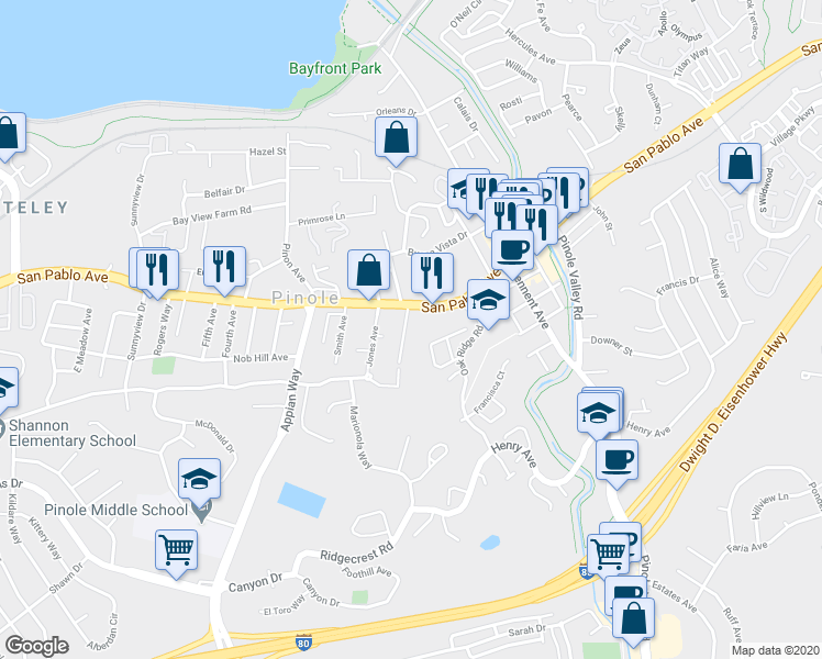 map of restaurants, bars, coffee shops, grocery stores, and more near 1889 San Pablo Avenue in Pinole