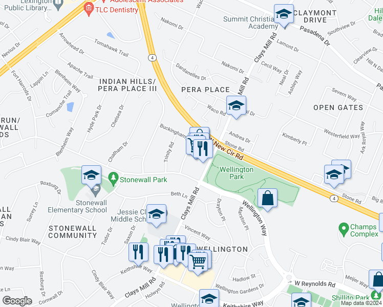 map of restaurants, bars, coffee shops, grocery stores, and more near 593 Buckingham Lane in Lexington