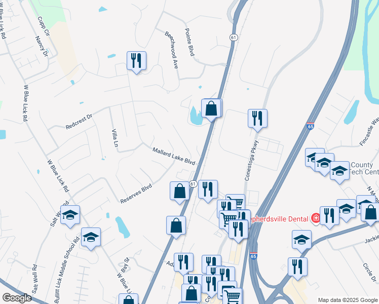 map of restaurants, bars, coffee shops, grocery stores, and more near 1223 North Buckman Street in Shepherdsville