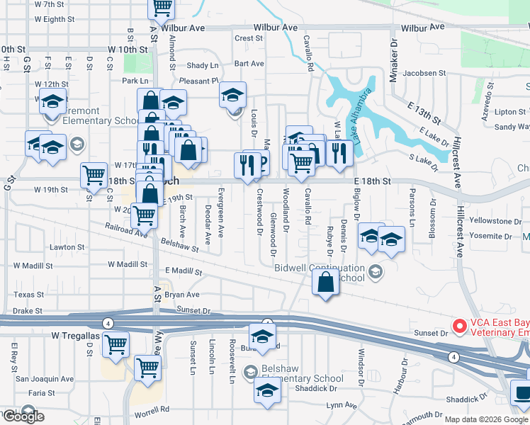 map of restaurants, bars, coffee shops, grocery stores, and more near 1909 Crestwood Drive in Antioch