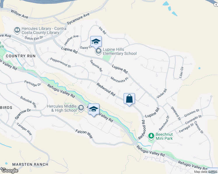 map of restaurants, bars, coffee shops, grocery stores, and more near 109 Oak Court in Hercules