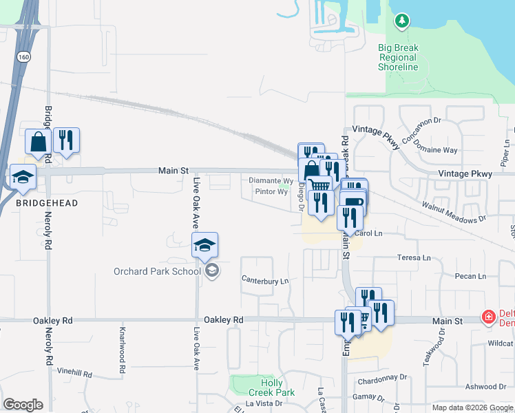 map of restaurants, bars, coffee shops, grocery stores, and more near 1683 Main Street in Oakley