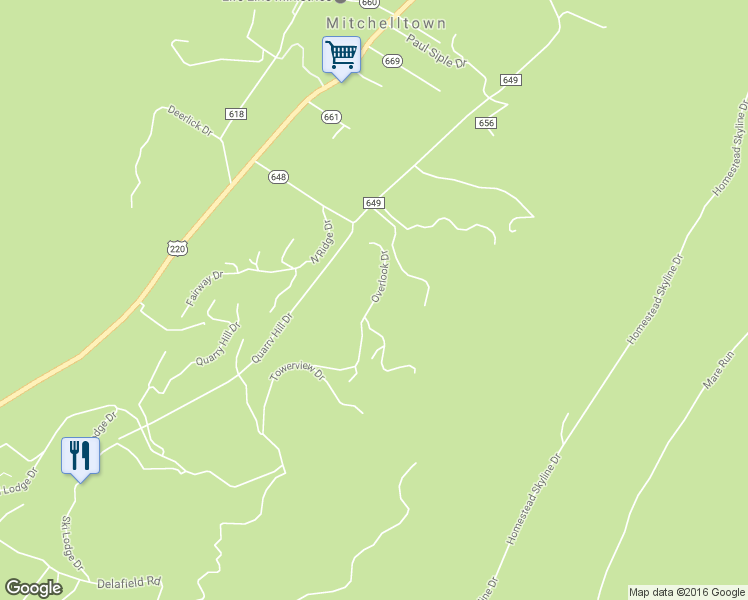 map of restaurants, bars, coffee shops, grocery stores, and more near Overlook Drive in Hot Springs