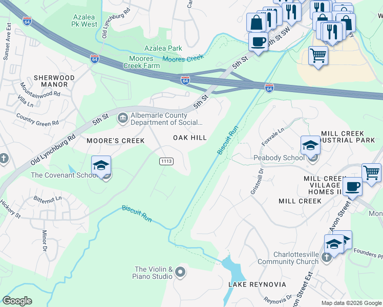 map of restaurants, bars, coffee shops, grocery stores, and more near 414 Woodhaven Court in Charlottesville