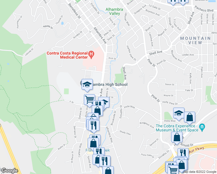 map of restaurants, bars, coffee shops, grocery stores, and more near 600 D Street in Martinez