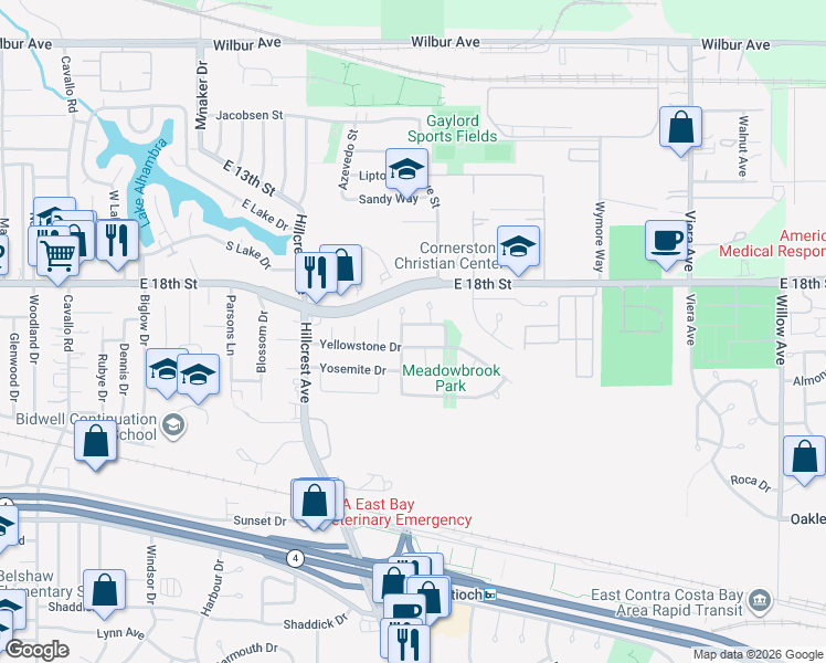 map of restaurants, bars, coffee shops, grocery stores, and more near 1619 Geyser Circle in Antioch