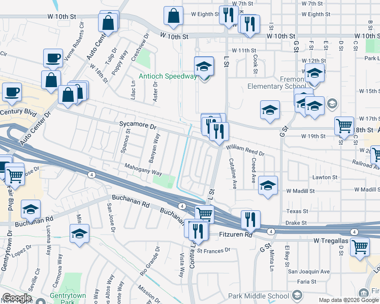 map of restaurants, bars, coffee shops, grocery stores, and more near 2120 Lemontree Way in Antioch