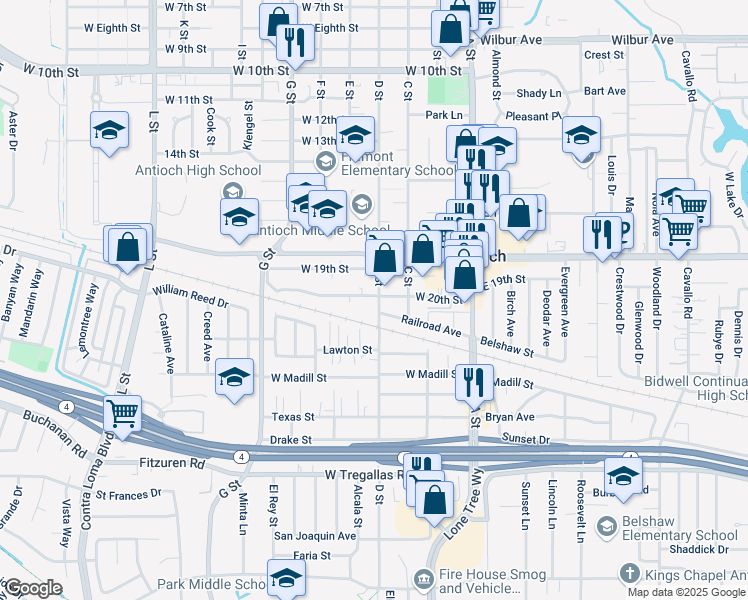 map of restaurants, bars, coffee shops, grocery stores, and more near 301 West 20th Street in Antioch