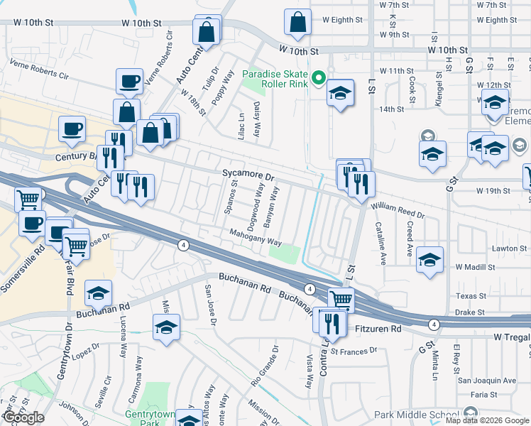 map of restaurants, bars, coffee shops, grocery stores, and more near 2220 Banyan Way in Antioch