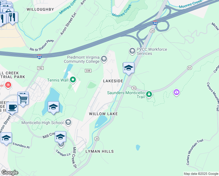 map of restaurants, bars, coffee shops, grocery stores, and more near 1180 Brookhill Avenue in Charlottesville