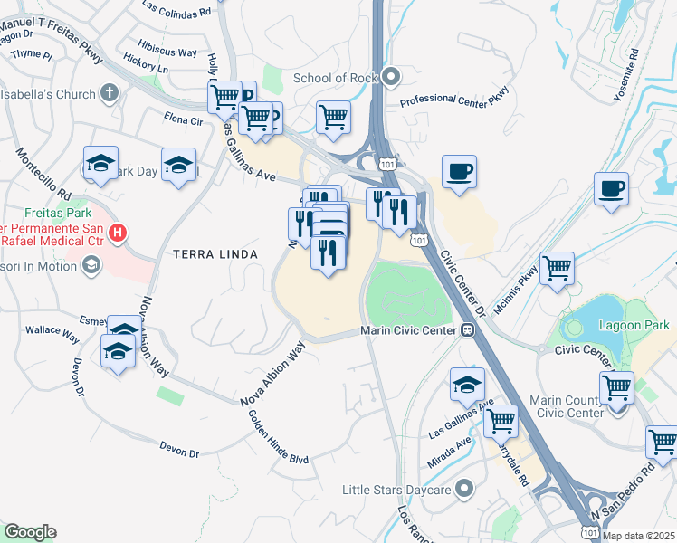 map of restaurants, bars, coffee shops, grocery stores, and more near 5800 Northgate Drive in San Rafael