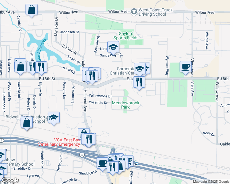 map of restaurants, bars, coffee shops, grocery stores, and more near 1619 Geyser Circle in Antioch