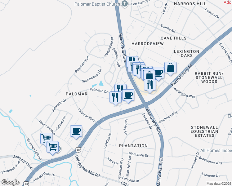 map of restaurants, bars, coffee shops, grocery stores, and more near 2057 Glade Lane in Lexington