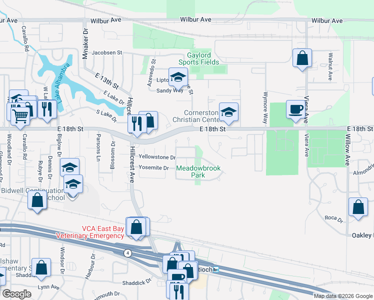 map of restaurants, bars, coffee shops, grocery stores, and more near 1809 Geyser Court in Antioch