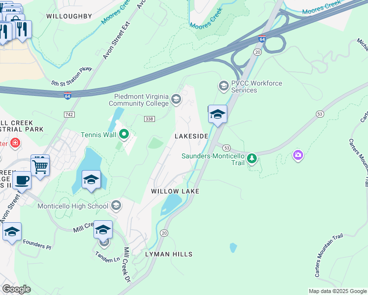 map of restaurants, bars, coffee shops, grocery stores, and more near 1180 Brookhill Avenue in Charlottesville