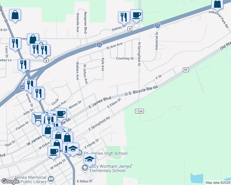 map of restaurants, bars, coffee shops, grocery stores, and more near 535 Christine Street in Saint James