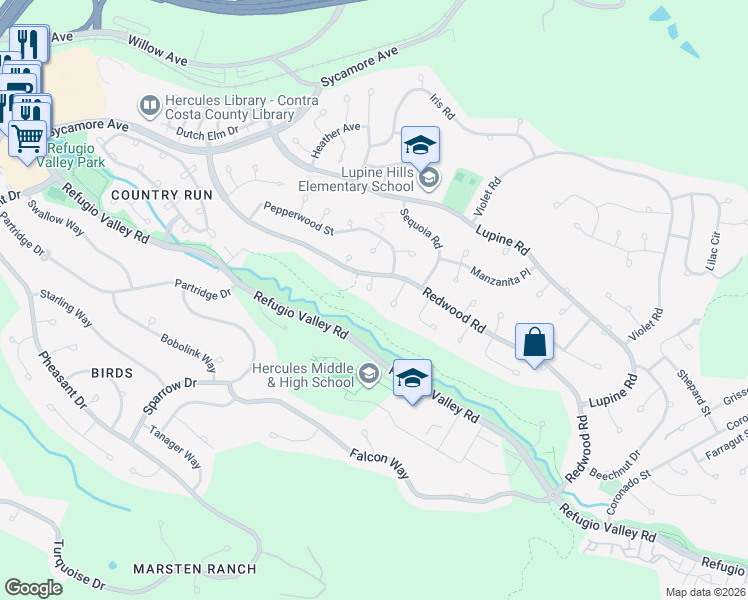 map of restaurants, bars, coffee shops, grocery stores, and more near 121 Fir Court in Hercules
