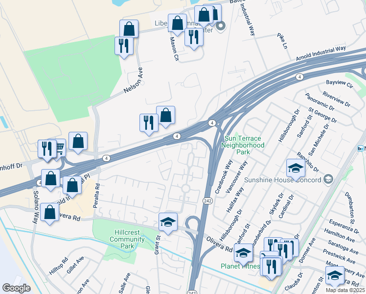 map of restaurants, bars, coffee shops, grocery stores, and more near 3900 Northwood Drive in Concord