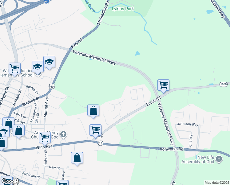 map of restaurants, bars, coffee shops, grocery stores, and more near 214 Watercrest Way in Winchester