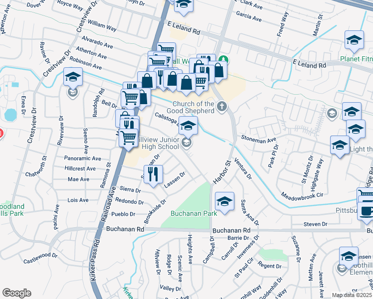 map of restaurants, bars, coffee shops, grocery stores, and more near 333 Yosemite Drive in Pittsburg