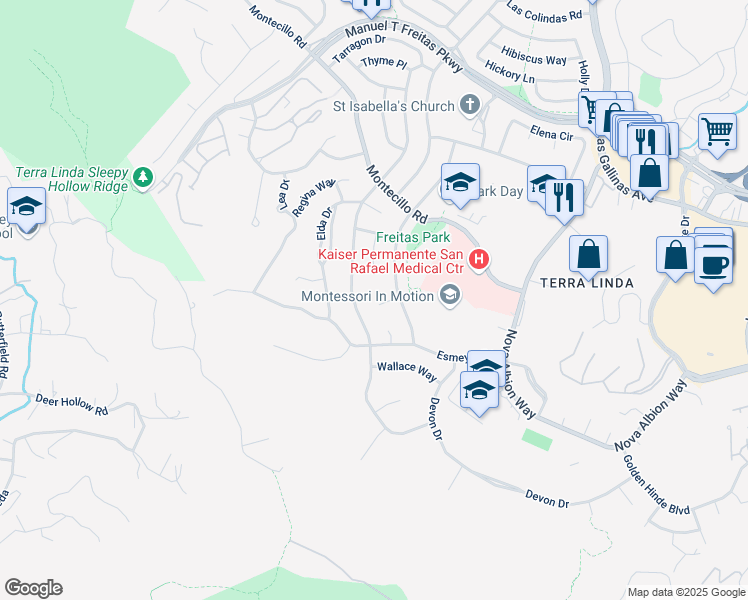 map of restaurants, bars, coffee shops, grocery stores, and more near 31 Carroll Court in San Rafael