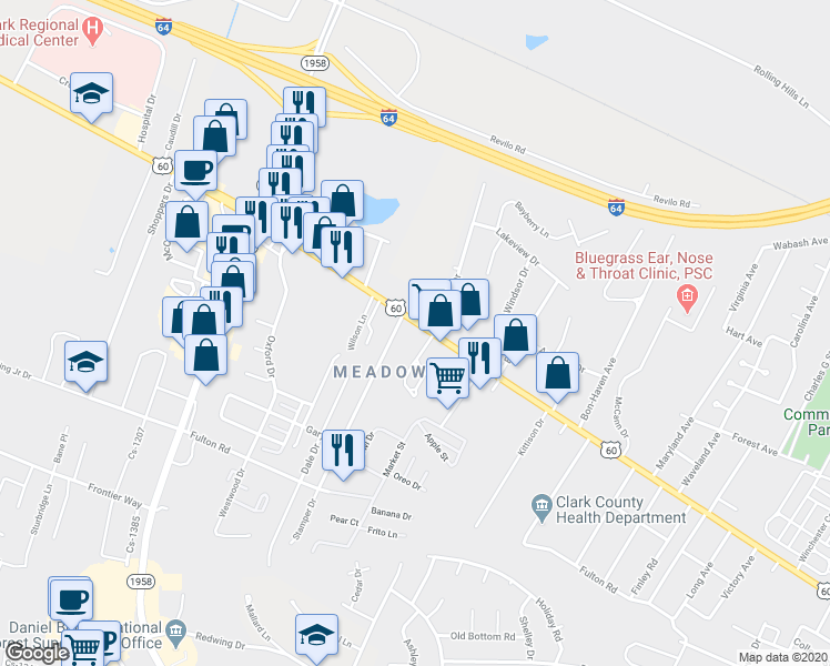 map of restaurants, bars, coffee shops, grocery stores, and more near 1394 West Lexington Avenue in Winchester