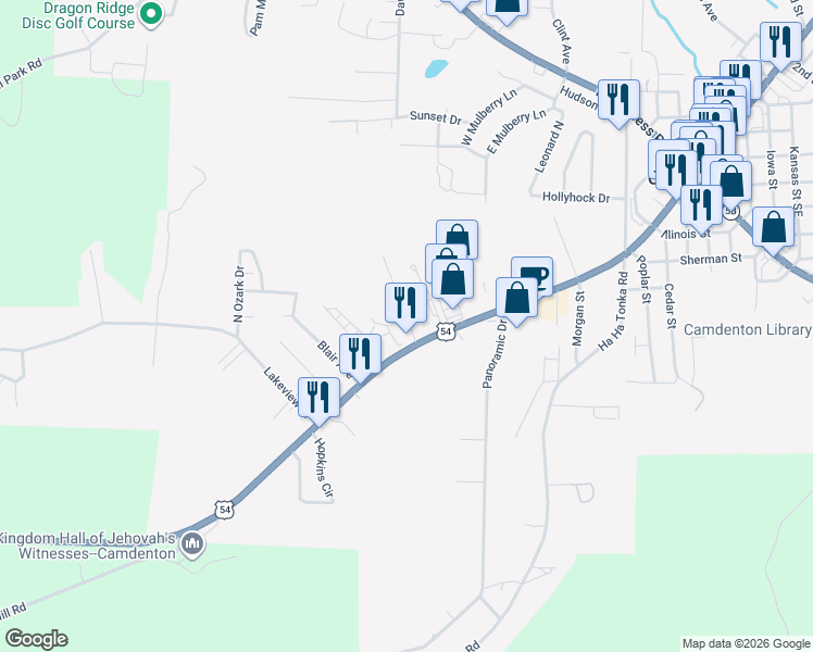 map of restaurants, bars, coffee shops, grocery stores, and more near 82 Lake Road in Camdenton