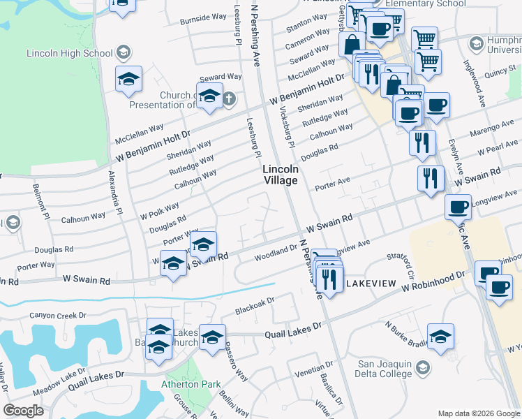 map of restaurants, bars, coffee shops, grocery stores, and more near 1471 West Swain Road in Stockton