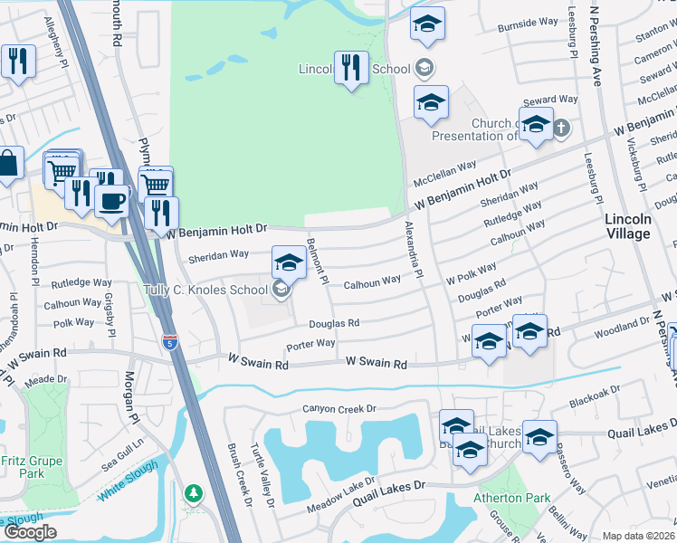 map of restaurants, bars, coffee shops, grocery stores, and more near 2448 Sheridan Way in Stockton