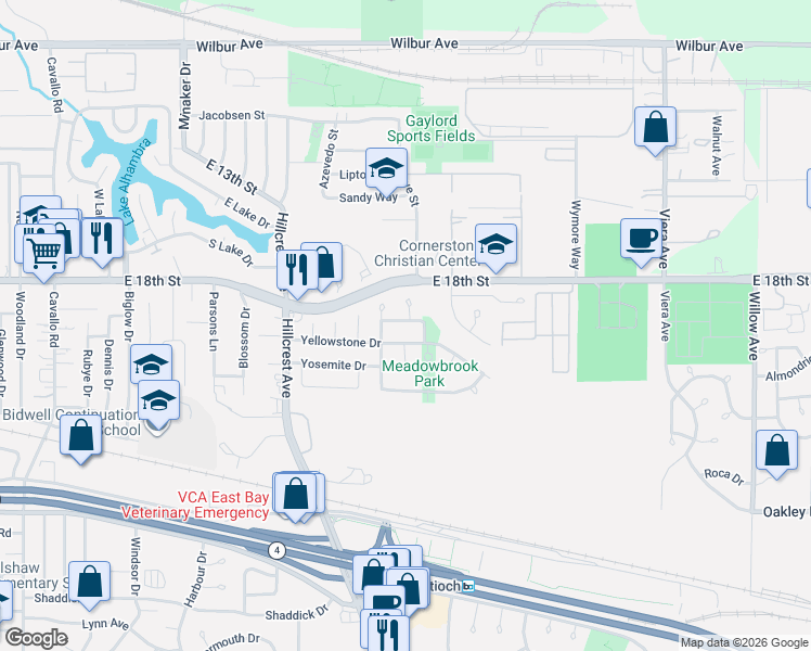 map of restaurants, bars, coffee shops, grocery stores, and more near 1809 Geyser Court in Antioch