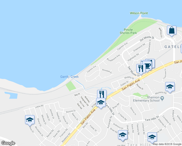 map of restaurants, bars, coffee shops, grocery stores, and more near in Bayview-Montalvin