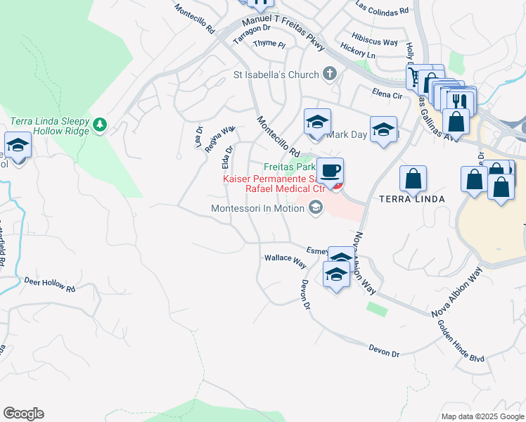 map of restaurants, bars, coffee shops, grocery stores, and more near 31 Carroll Court in San Rafael