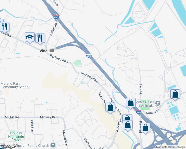 map of restaurants, bars, coffee shops, grocery stores, and more near 122 Ladybug Lane in Martinez