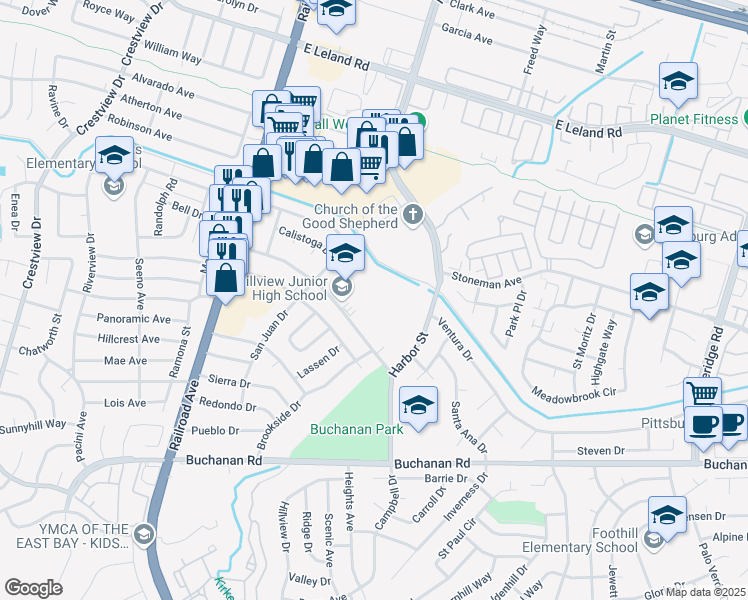 map of restaurants, bars, coffee shops, grocery stores, and more near 333 Yosemite Drive in Pittsburg