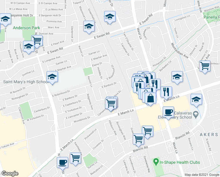 map of restaurants, bars, coffee shops, grocery stores, and more near 819 Holiday Court in Stockton