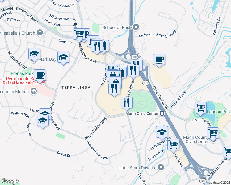 map of restaurants, bars, coffee shops, grocery stores, and more near 5800 Northgate Drive in San Rafael