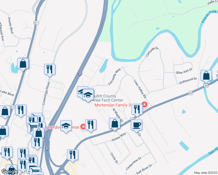 map of restaurants, bars, coffee shops, grocery stores, and more near 247 Fincastle Way in Shepherdsville