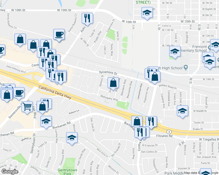 map of restaurants, bars, coffee shops, grocery stores, and more near 1701 Magnolia Way in Antioch