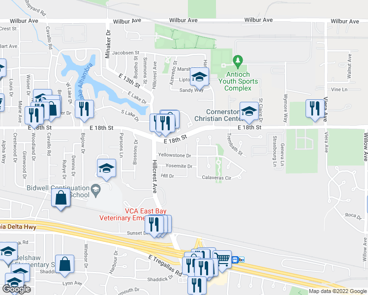 map of restaurants, bars, coffee shops, grocery stores, and more near 1812 Modoc Court in Antioch