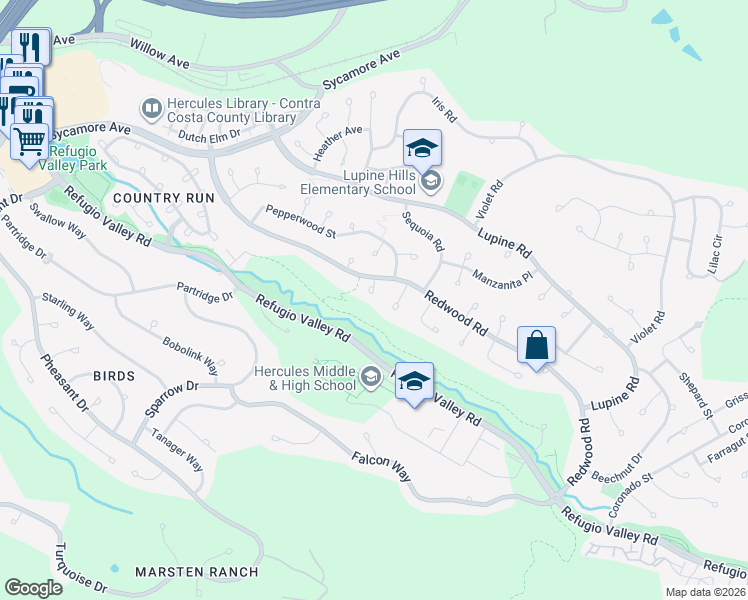 map of restaurants, bars, coffee shops, grocery stores, and more near 121 Fir Court in Hercules