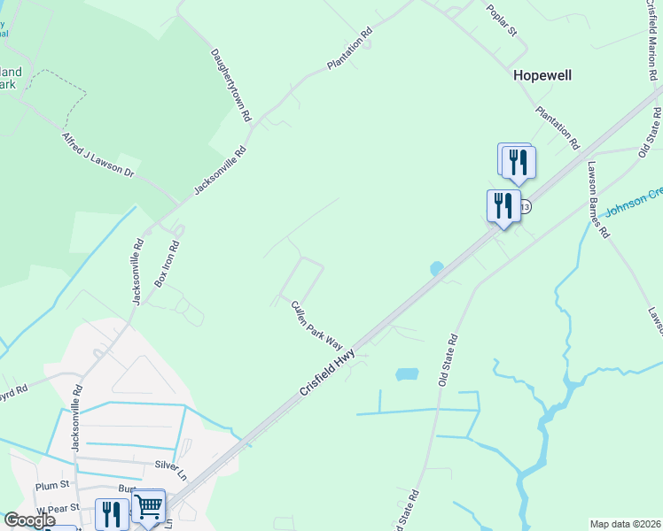 map of restaurants, bars, coffee shops, grocery stores, and more near 4411 Beechwood Place in Crisfield